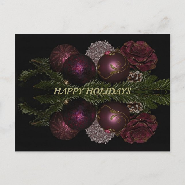 Weihnachten Rosa Ornamente Grüne Blätter Schwarz Postkarte (Vorderseite)