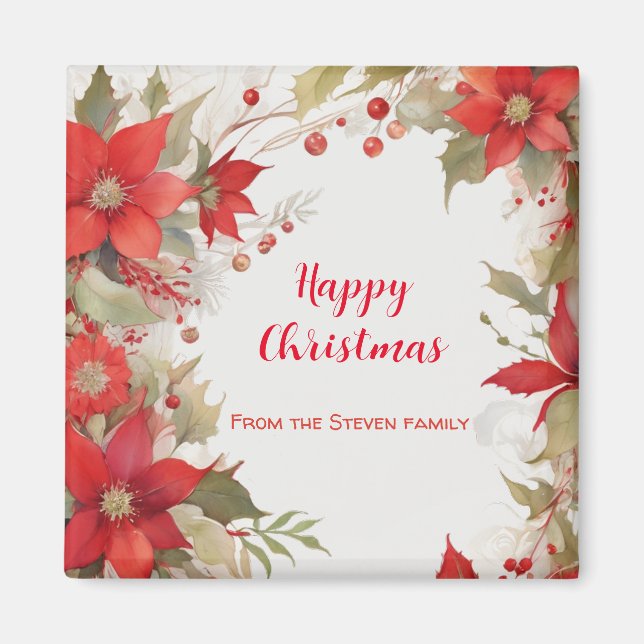 Weihnachten Rose Wasserfarbe | Ihr Name Magnet (Vorne)