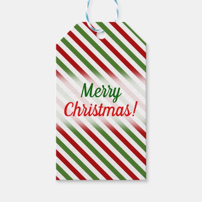 Weihnachten; rot, weiß und grün gestreiftes Muster Geschenkanhänger (Vorderseite)