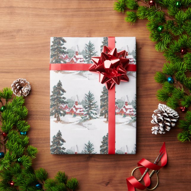 Weihnachten Rote Kirche Pine Tree Schnee Geschenkpapier (Feiertagsgeschenk)