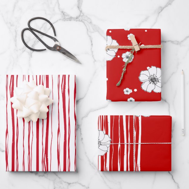Weihnachten Rote Rustikale Rafia und Blume Handgez Geschenkpapier Set (Vorderseite)