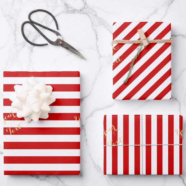 Weihnachten Rote Streifen Gold Text Weihnachten We Geschenkpapier Set (Christmas Red White Stripes Gold Text Holiday Xmas Wrapping Paper Sheets)