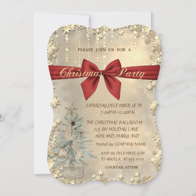 Weihnachten, Roter Bow, Aquarellbaum, Goldstars Einladung (Vorderseite)