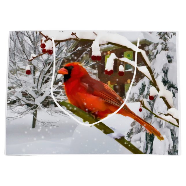 Weihnachten, roter Kardinals-Vogel und Schnee Große Geschenktüte (Vorderseite)