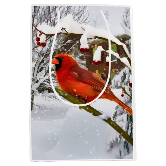 Weihnachten, roter Kardinals-Vogel und Schnee Mittlere Geschenktüte (Vorderseite)