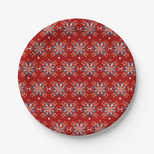 Weihnachten Roter Nordic Folk Snowflake Tuch Napki Pappteller (Vorderseite)