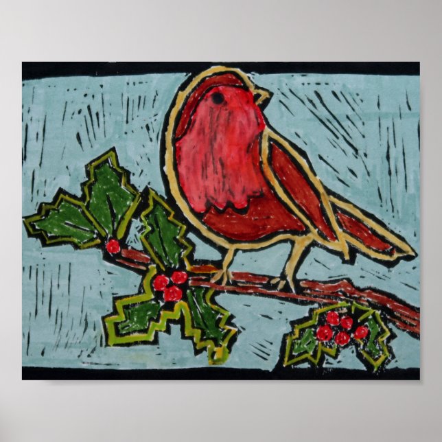 Weihnachten Roter Robin, Grüne Holly Rote Berries Poster (Vorne)