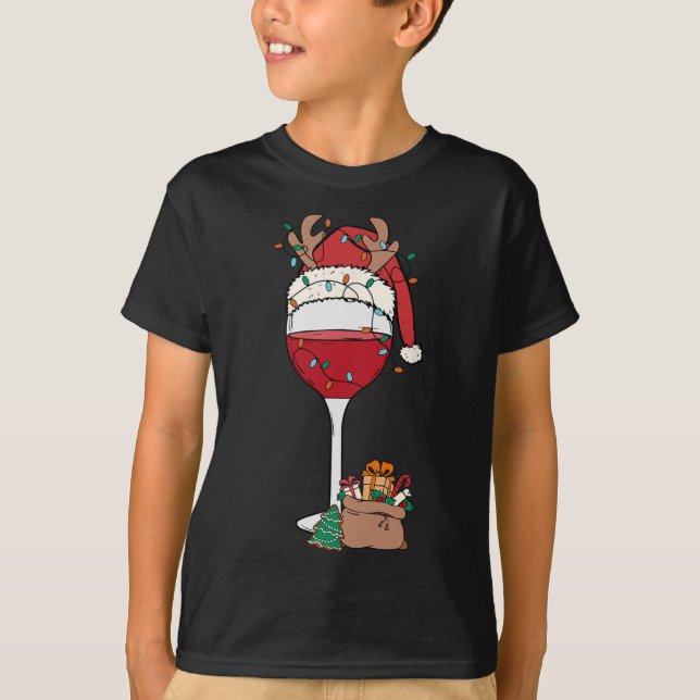 Weihnachten Roter Wein Weihnachtsmannmütze Rentier T-Shirt (Vorderseite)