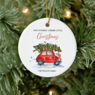 Weihnachten - Rotes Auto & Baum Keramik Ornament