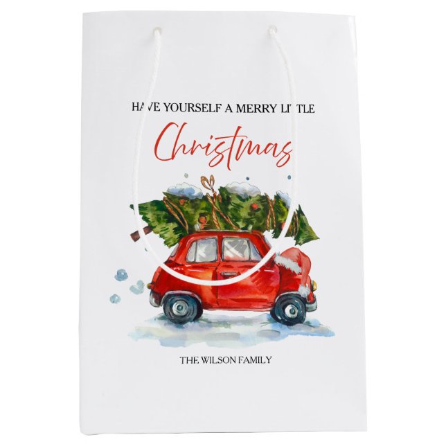Weihnachten - Rotes Auto & Baum Mittlere Geschenktüte (Vorderseite)