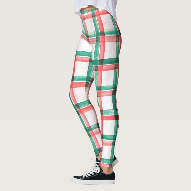 Weihnachten Rotes Grün Kariert Wasserfarbe Leggings (Links)