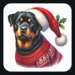 Weihnachten Rottweiler mit einem festlichen Pullov Quadratischer Aufkleber<br><div class="desc">Ein fröhlicher Rottweiler in einem knallroten Weihnachtspulli sitzt stolz. Der Hund hat eine klassische Weihnachtsmannmütze,  die den Urlaubsgeist fördert. Mit einem warmen Ausdruck spiegelt dieses geliebte Haustier Freude und Feiern während der Festsaison wider.</div>