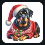 Weihnachten Rottweiler mit einem festlichen Pullov Quadratischer Aufkleber<br><div class="desc">Ein fröhlicher Rottweiler in einem roten festlichen Pullover gekleidet und eine Weihnachtsmannmütze sitzt bequem,  umgeben von Heiligen. Der helle,  glänzende Mantel des Hundes kontrastiert wunderschön mit der Urlaubskleidung und schafft eine warme,  fröhliche Atmosphäre,  die perfekt für die Saison ist.</div>