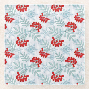 Weihnachten, Rowan, rot, weiß, Schneeflocken Glasuntersetzer