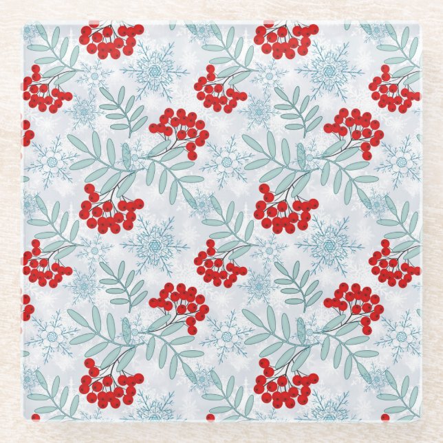 Weihnachten, Rowan, rot, weiß, Schneeflocken Glasuntersetzer (Vorderseite)