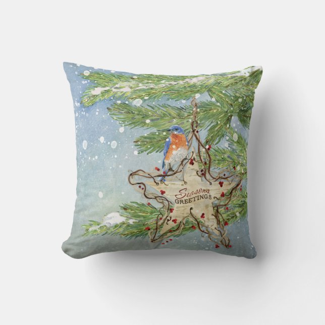 Weihnachten Rustic Nature Blue Bird Birch Star Kissen (Vorderseite)