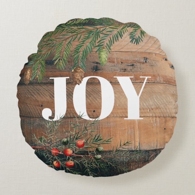 Weihnachten Rustic Wood Joy Rundes Kissen (Vorderseite)