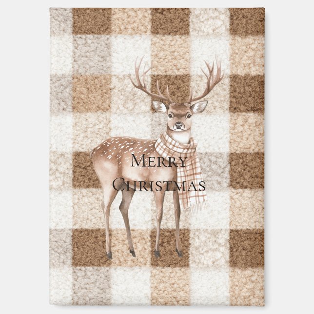 Weihnachten Rustikal Creme Braun Kariert Hirsch Magnet (Vorderseite)