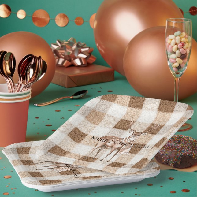 Weihnachten Rustikal Creme Braun Kariert Hirsch Pappteller (Multi)