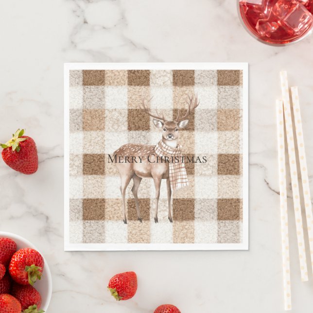 Weihnachten Rustikal Creme Braun Kariert Hirsch Serviette (Beispiel)
