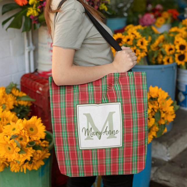 Weihnachten Rustikal Monogramm Roter Feiertags-Kar (Christmas red and green monogram tote bag.)