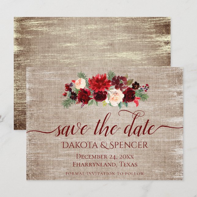 Weihnachten Rustikale Boho Floral Burgundy Gold Bu Save The Date (Vorne/Hinten)