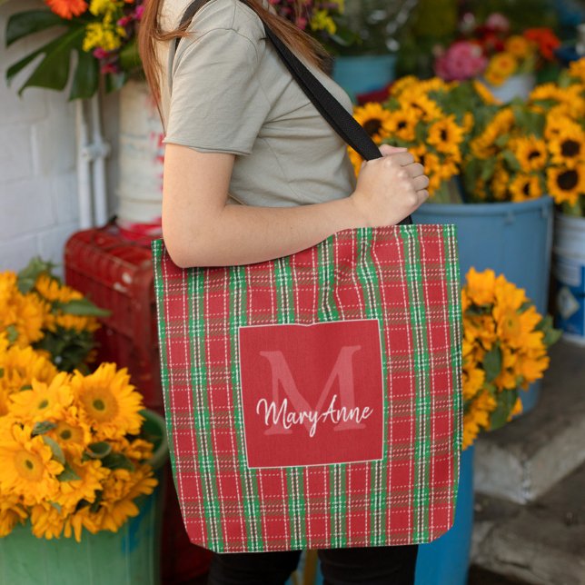 Weihnachten Rustikale Monogram Red Holiday Kariert (Holiday monogram red and green plaid pattern tote bag)