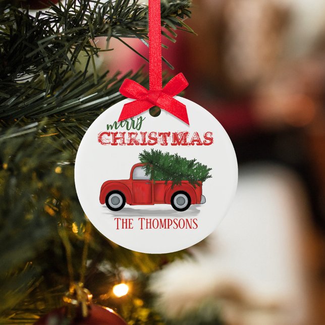 Weihnachten Rustikales Foto Roter Lkw Urlaub Custo Keramik Ornament (Christmas rustic vintage style red truck ceramic circle ornament. )
