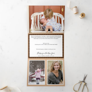 Weihnachten Rustikales Holz und Reben Mehrfachfoto Dreifach Gefaltete Urlaubskarte