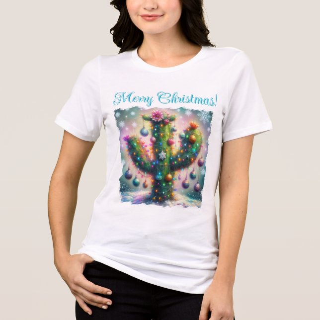 Weihnachten Saguaro Cactus Whimsical Schneeflocken Tri-Blend Shirt (Vorderseite)