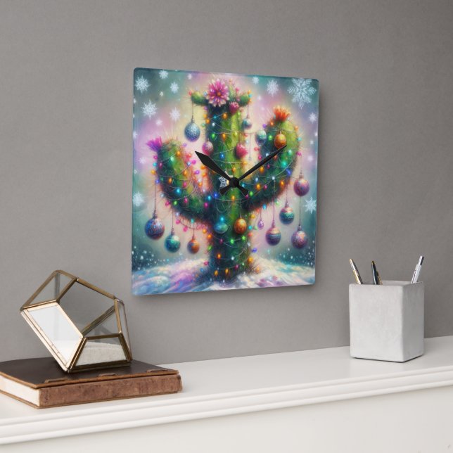Weihnachten Saguaro Cactus Whimsical Snowflakes Quadratische Wanduhr (Büro)