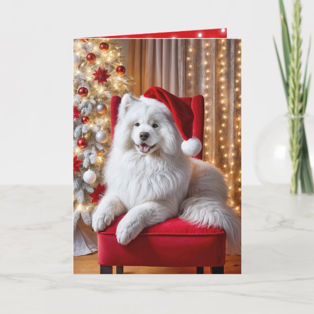 Weihnachten Samoyed Hund auf einem roten Stuhl (Vorderseite)