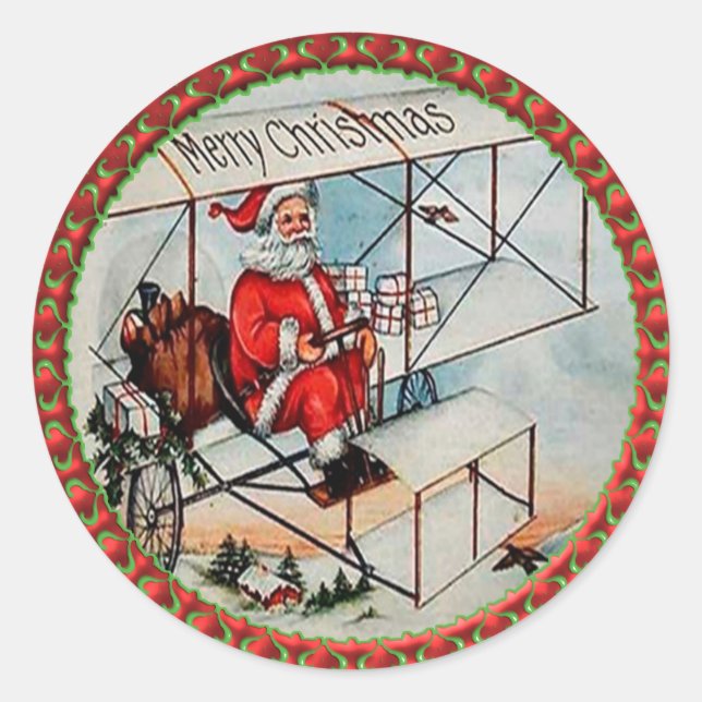 Weihnachten Sankt, die ein altes Flugzeug fliegt Runder Aufkleber (Vorderseite)