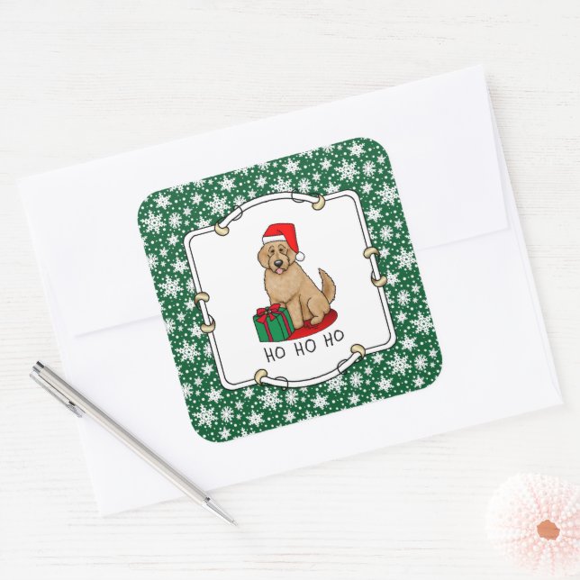 Weihnachten Santa Goldendoodle (goldrot) Hund Nied Quadratischer Aufkleber (Umschlag)