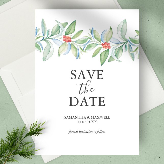 Weihnachten Save the Date Einladung Wasserfarbe (Christmas wedding save the date botanical berries & leaves watercolor art by Victoria Grigaliunas)