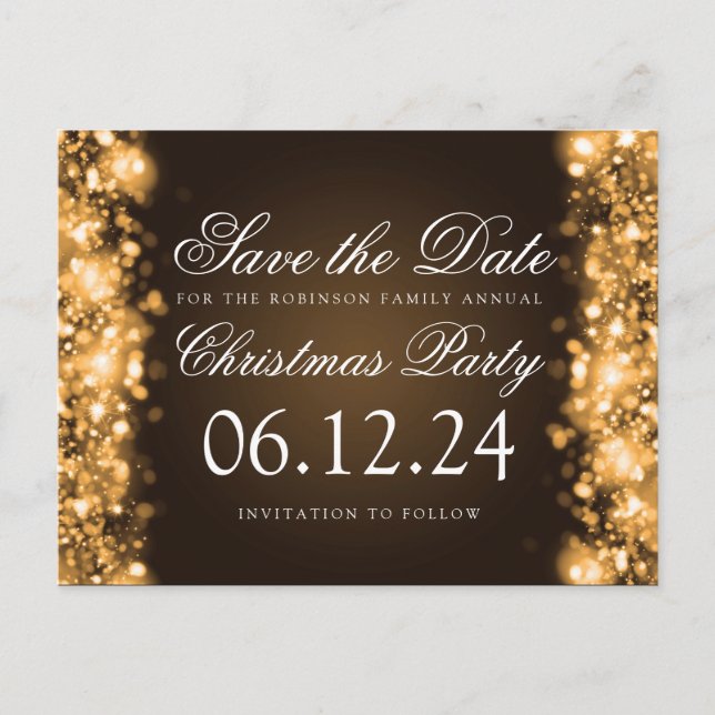 Weihnachten Save the Date funkelnde Lichter Gold Ankündigungspostkarte (Vorderseite)
