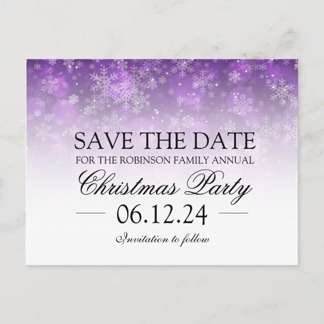 Weihnachten Save the Date Holiday Sparkle Lila Ankündigungspostkarte (Vorderseite)
