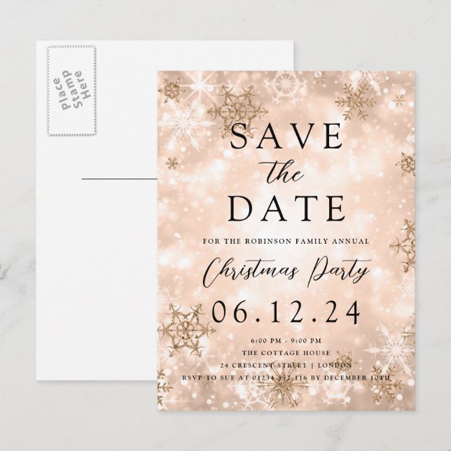 Weihnachten Save the Date Rose Gold Winter Wunder Ankündigungspostkarte (Vorne/Hinten)