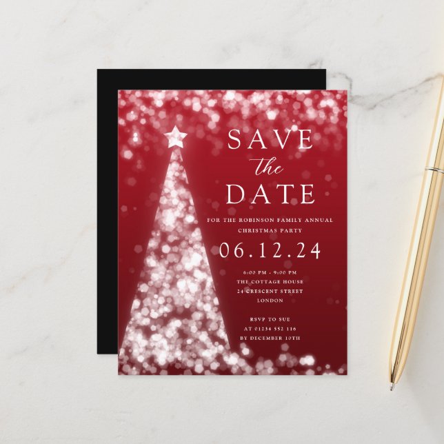 Weihnachten Save the Date Silver Tree Red Einladun (Vorderseite/Rückseite Beispiel)