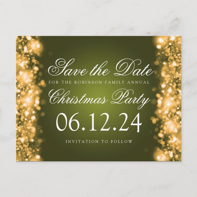 Weihnachten Save the Date Sparkling Gold Green Ankündigungspostkarte (Vorderseite)