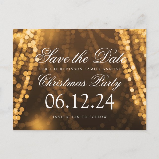 Weihnachten Save the Date Twinkle String Lights Go Ankündigungspostkarte (Vorderseite)