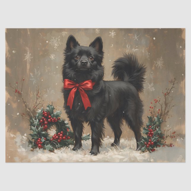 Weihnachten Schipperke Hund mit Red Bow Decoupage Seidenpapier (Vorderseite)