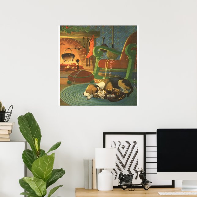 Weihnachten, Schlaftiere am Kamin Poster (Heimbüro)