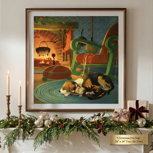 Weihnachten, Schlaftiere am Kamin Poster