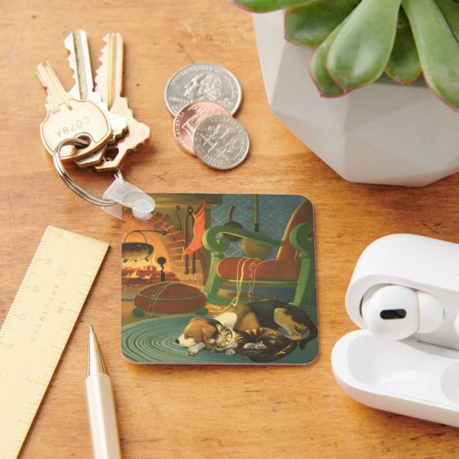 Weihnachten, Schlaftiere am Kamin Schlüsselanhänger (Schreibtisch)