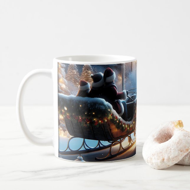 Weihnachten-Schlittenfahrt auf einer schneebedeckt Kaffeetasse (Mit Donut)