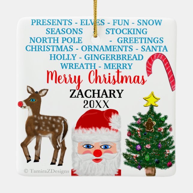 Weihnachten Schneeflocken Mini 15 Word Puzzle Name Keramikornament (Rückseite)