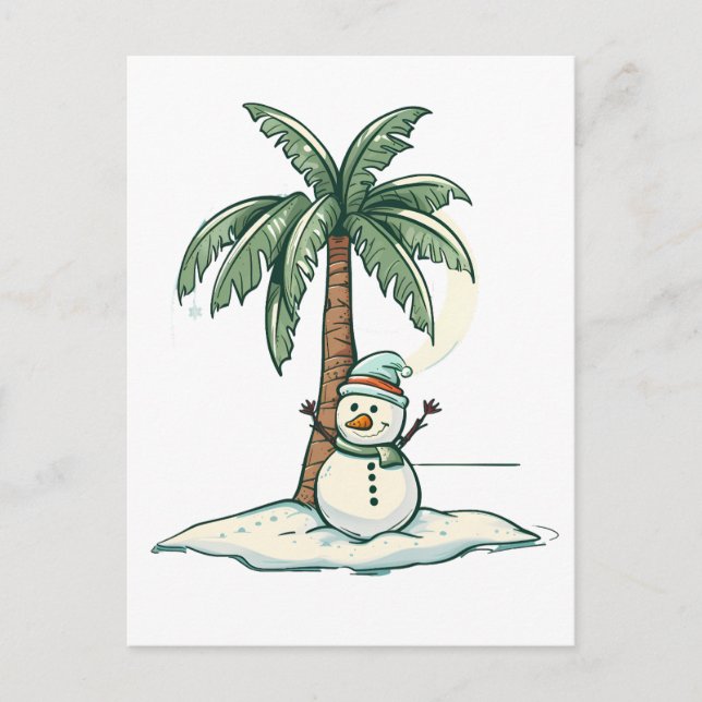 Weihnachten - Schneemann am Strand mit Palmenbaum Postkarte (Vorderseite)
