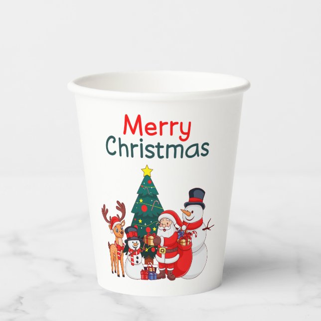 Weihnachten, Schneemann und Rentier frohe Weihnach Pappbecher (Vorderseite)