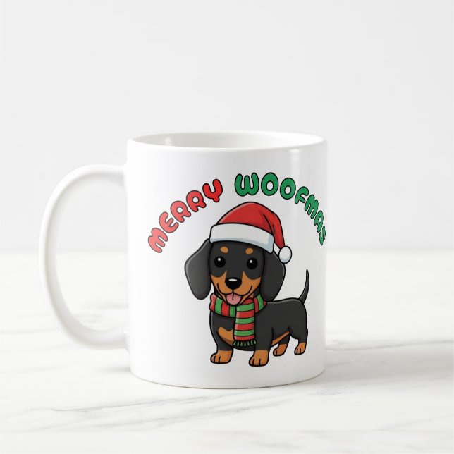 Weihnachten Schwarze Dackel Tasse: Fröhliche Woofm Kaffeetasse (Links)